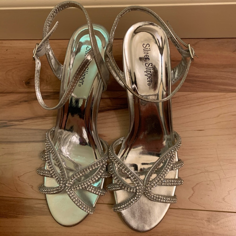 Silver slipper ankle strap heels